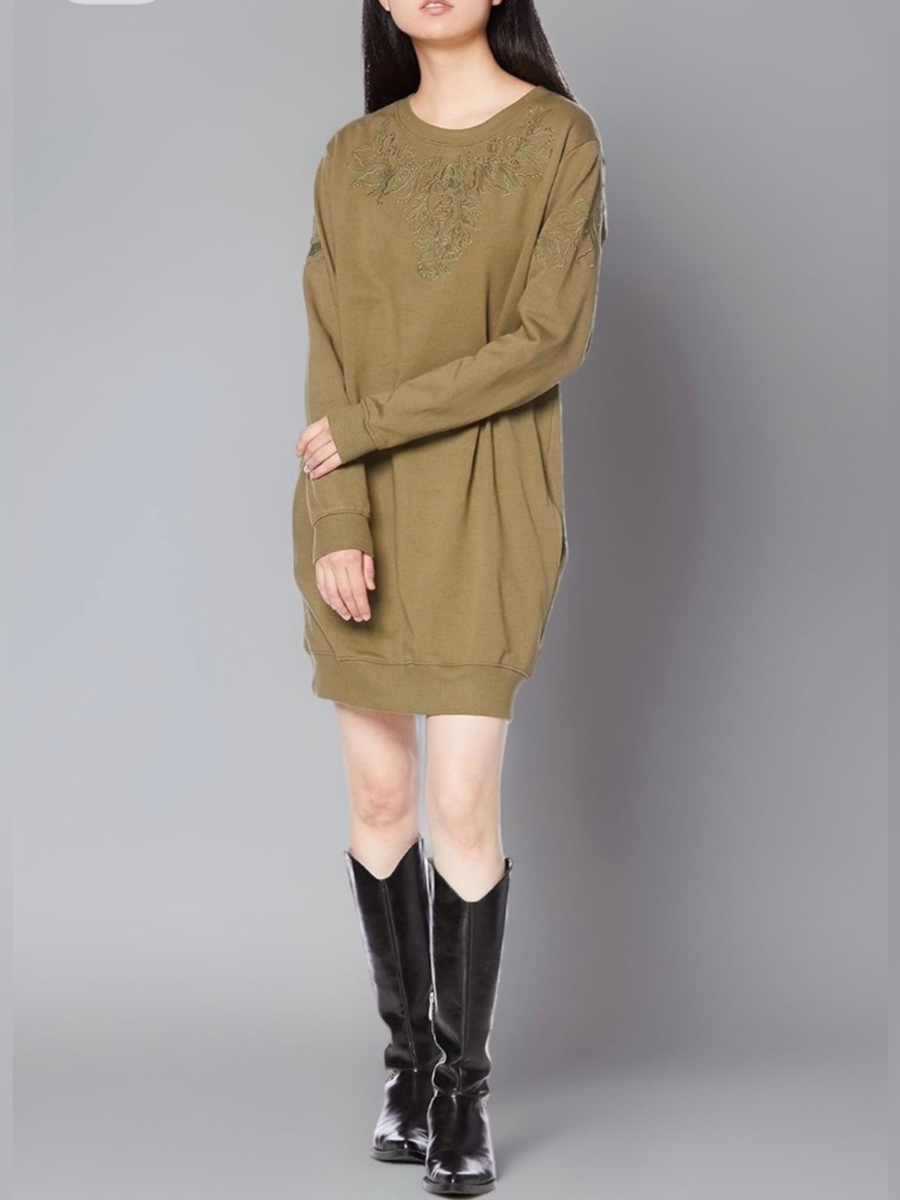 Desigual | khaki Green Sweatshirt Dress with Appliques and Embroidery